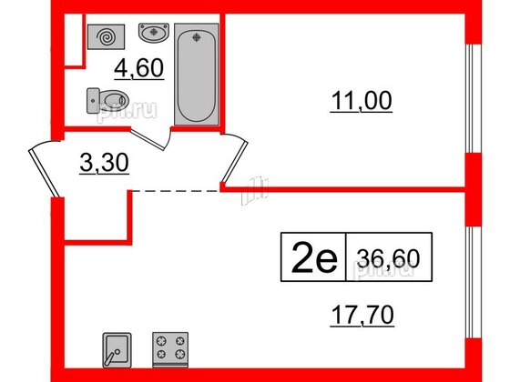 Квартира в ЖК Шкиперский, 19, 1 комнатная, 36.6 м², 12 этаж