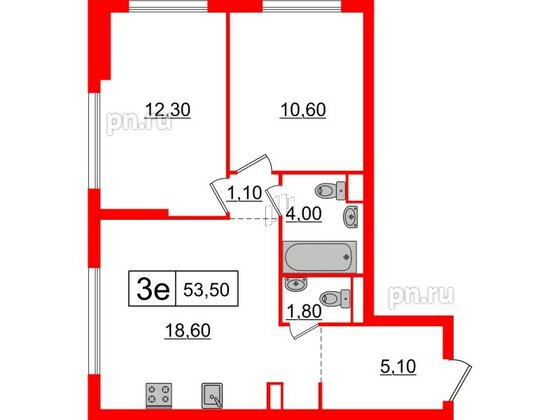 Квартира в ЖК Шкиперский, 19, 2 комнатная, 53.5 м², 6 этаж