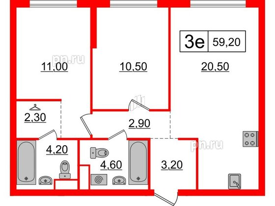 Квартира в ЖК Шкиперский, 19, 2 комнатная, 59.2 м², 4 этаж