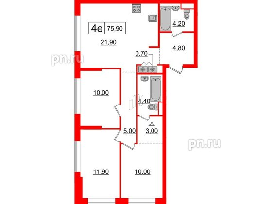 Квартира в ЖК Шкиперский, 19, 3 комнатная, 75.9 м², 1 этаж