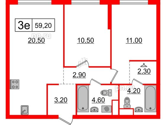 Квартира в ЖК Шкиперский, 19, 2 комнатная, 59.2 м², 3 этаж