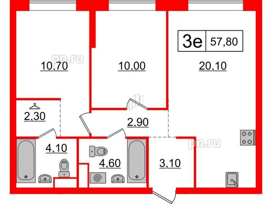 Квартира в ЖК Шкиперский, 19, 2 комнатная, 57.8 м², 1 этаж