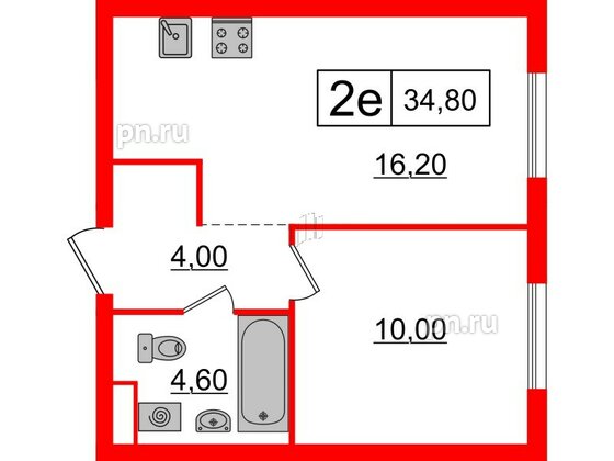 Квартира в ЖК Шкиперский, 19, 1 комнатная, 34.8 м², 6 этаж