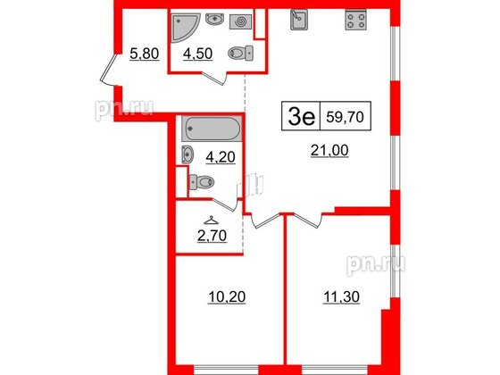 Квартира в ЖК Шкиперский, 19, 2 комнатная, 59.7 м², 12 этаж