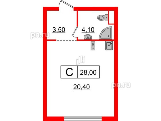 Квартира в ЖК Шкиперский, 19, студия, 28 м², 6 этаж