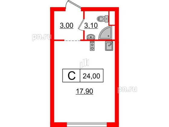 Квартира в ЖК Шкиперский, 19, студия, 24 м², 10 этаж