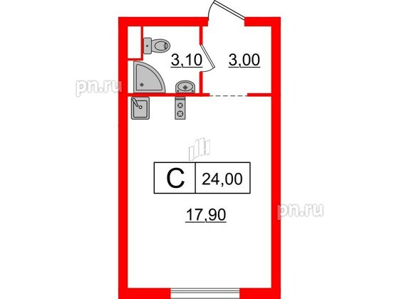 Квартира в ЖК Шкиперский, 19, студия, 24 м², 7 этаж