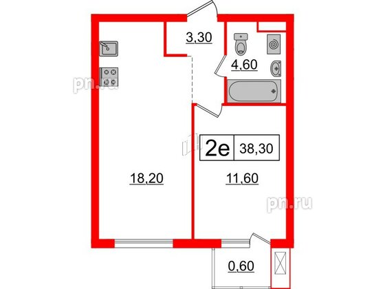 Квартира в ЖК Шкиперский, 19, 1 комнатная, 38.3 м², 7 этаж