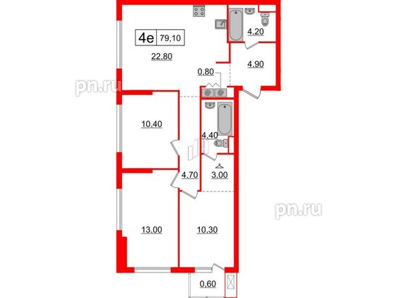 Квартира в ЖК Шкиперский, 19, 3 комнатная, 79.1 м², 7 этаж