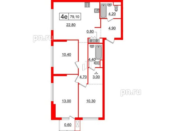 Квартира в ЖК Шкиперский, 19, 3 комнатная, 79.1 м², 8 этаж