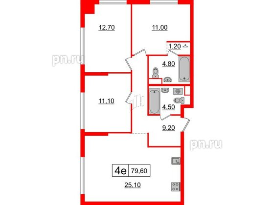 Квартира в ЖК Шкиперский, 19, 3 комнатная, 79.6 м², 7 этаж