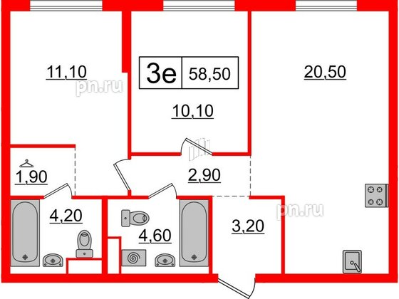 Квартира в ЖК Шкиперский, 19, 2 комнатная, 58.5 м², 9 этаж