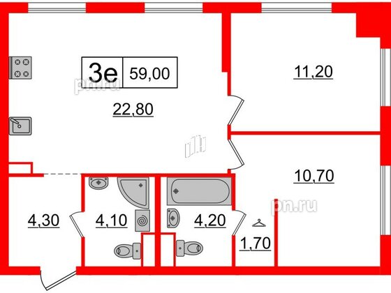 Квартира в ЖК Шкиперский, 19, 2 комнатная, 59 м², 2 этаж