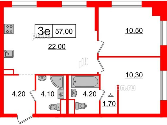 Квартира в ЖК Шкиперский, 19, 2 комнатная, 57 м², 1 этаж