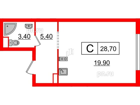 Квартира в ЖК Шкиперский, 19, студия, 28.7 м², 7 этаж