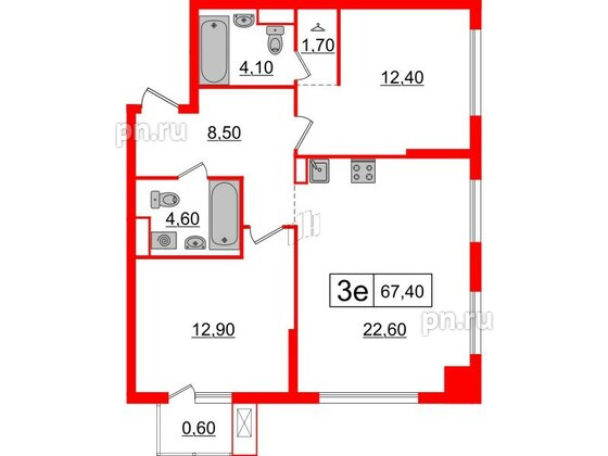 Квартира в ЖК Шкиперский, 19, 2 комнатная, 67.4 м², 8 этаж