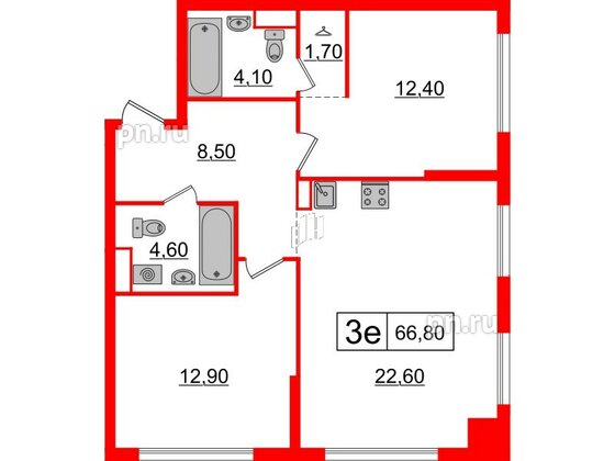 Квартира в ЖК Шкиперский, 19, 2 комнатная, 66.8 м², 11 этаж