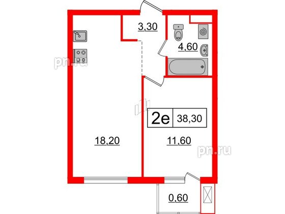 Квартира в ЖК Шкиперский, 19, 1 комнатная, 38.3 м², 2 этаж