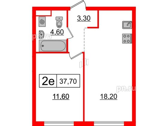 Квартира в ЖК Шкиперский, 19, 1 комнатная, 37.7 м², 11 этаж