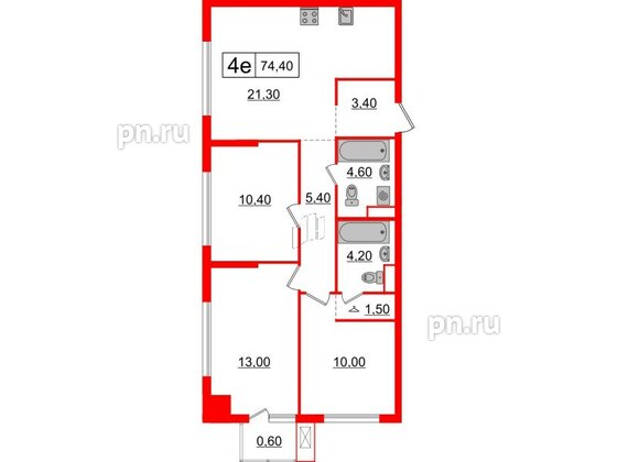 Квартира в ЖК Шкиперский, 19, 3 комнатная, 74.4 м², 4 этаж