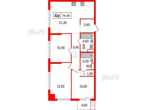 Квартира в ЖК Шкиперский, 19, 3 комнатная, 74.4 м², 7 этаж