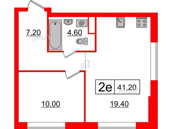 Квартира в ЖК Шкиперский, 19, 1 комнатная, 41.2 м², 1 этаж