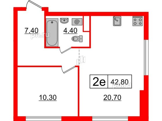 Квартира в ЖК Шкиперский, 19, 1 комнатная, 42.8 м², 10 этаж