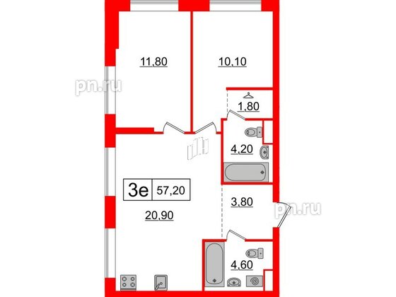 Квартира в ЖК Шкиперский, 19, 2 комнатная, 57.2 м², 1 этаж