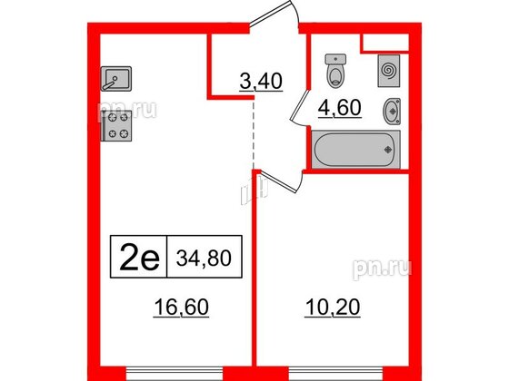 Квартира в ЖК Шкиперский, 19, 1 комнатная, 34.8 м², 9 этаж