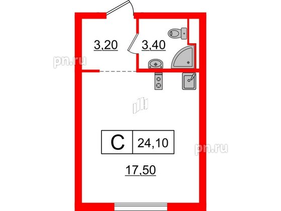 Квартира в ЖК Шкиперский, 19, студия, 24.1 м², 3 этаж