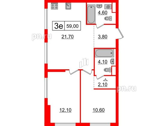 Квартира в ЖК Шкиперский, 19, 2 комнатная, 59 м², 7 этаж