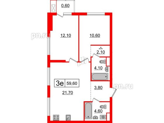 Квартира в ЖК Шкиперский, 19, 2 комнатная, 59.6 м², 9 этаж