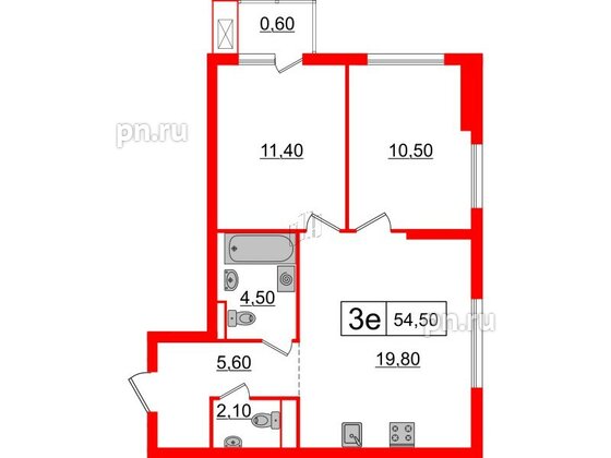 Квартира в ЖК Шкиперский, 19, 2 комнатная, 54.5 м², 9 этаж