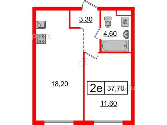 Квартира в ЖК Шкиперский, 19, 1 комнатная, 37.7 м², 11 этаж