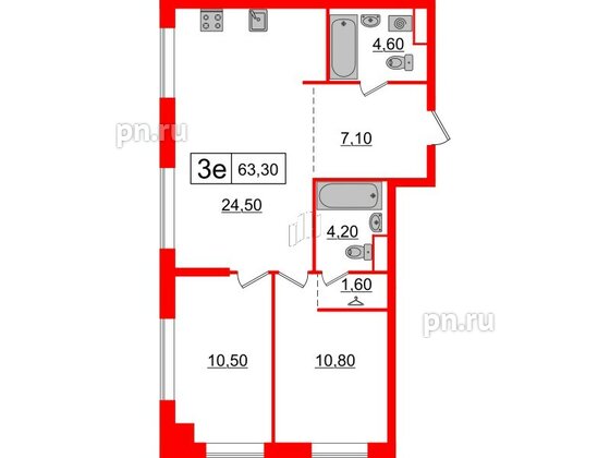 Квартира в ЖК Шкиперский, 19, 2 комнатная, 63.3 м², 1 этаж