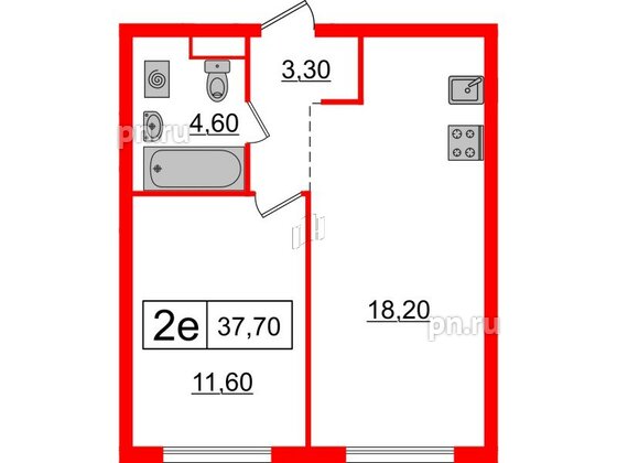 Квартира в ЖК Шкиперский, 19, 1 комнатная, 37.7 м², 2 этаж