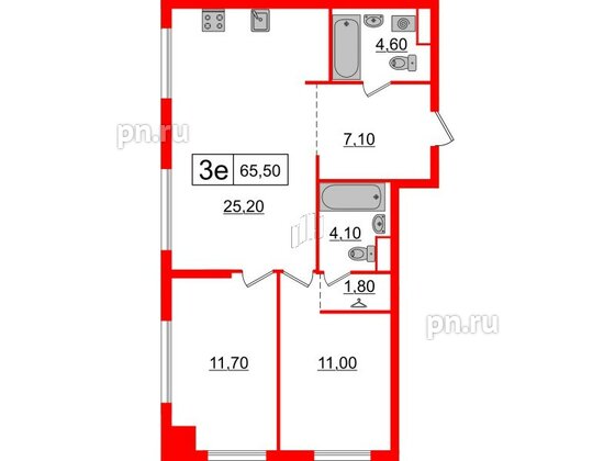 Квартира в ЖК Шкиперский, 19, 2 комнатная, 65.5 м², 8 этаж