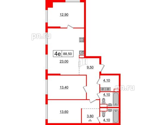 Квартира в ЖК Шкиперский, 19, 3 комнатная, 88.5 м², 2 этаж