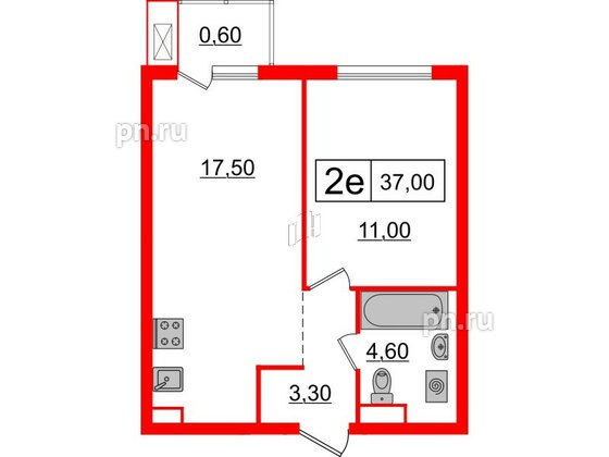 Квартира в ЖК Шкиперский, 19, 1 комнатная, 37 м², 2 этаж