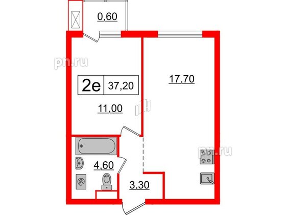 Квартира в ЖК Шкиперский, 19, 1 комнатная, 37.2 м², 2 этаж