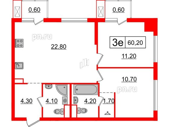 Квартира в ЖК Шкиперский, 19, 2 комнатная, 60.2 м², 6 этаж