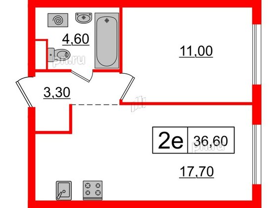 Квартира в ЖК Шкиперский, 19, 1 комнатная, 36.6 м², 10 этаж