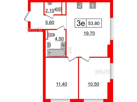 Квартира в ЖК Шкиперский, 19, 2 комнатная, 53.8 м², 3 этаж