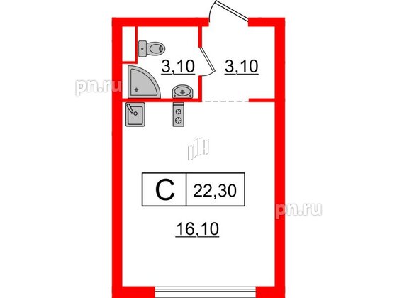 Квартира в ЖК Шкиперский, 19, студия, 22.3 м², 12 этаж