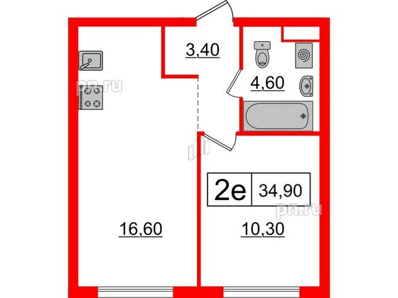 Квартира в ЖК Шкиперский, 19, 1 комнатная, 34.9 м², 11 этаж