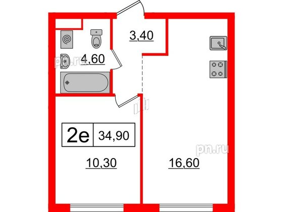 Квартира в ЖК Шкиперский, 19, 1 комнатная, 34.9 м², 11 этаж