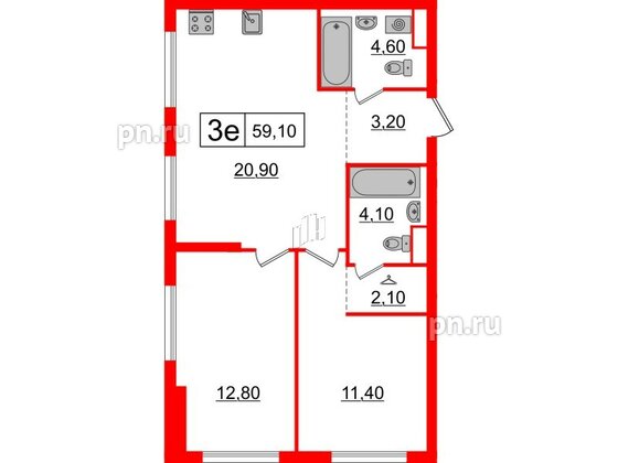 Квартира в ЖК Шкиперский, 19, 2 комнатная, 59.1 м², 12 этаж