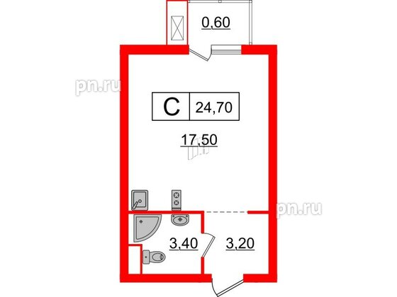 Квартира в ЖК Шкиперский, 19, студия, 24.7 м², 8 этаж