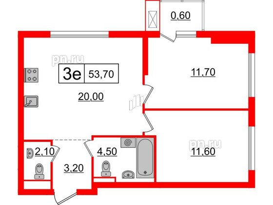 Квартира в ЖК Шкиперский, 19, 2 комнатная, 53.7 м², 2 этаж