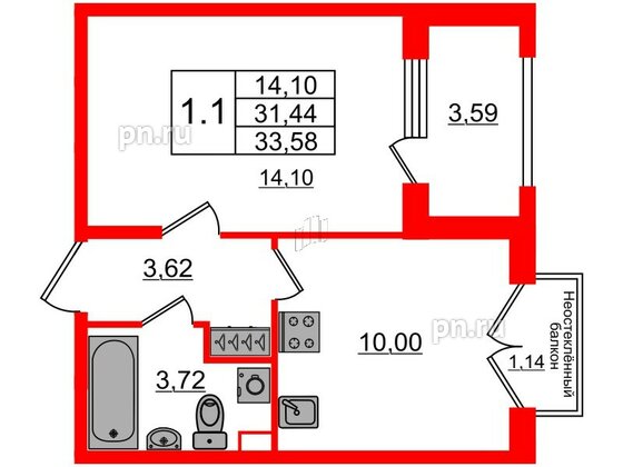 Квартира в ЖК «Дворцовый фасад», 1 комнатная, 31.44 м², 2 этаж